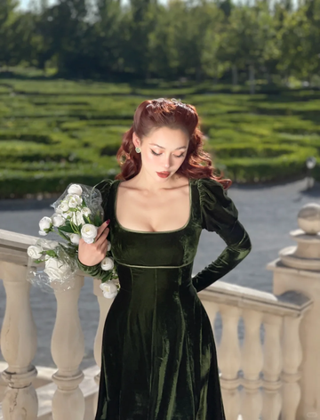 Vintage A Line Long Sleeve Green Velvet Short Prom Dress Homecoming Dress HZ1023